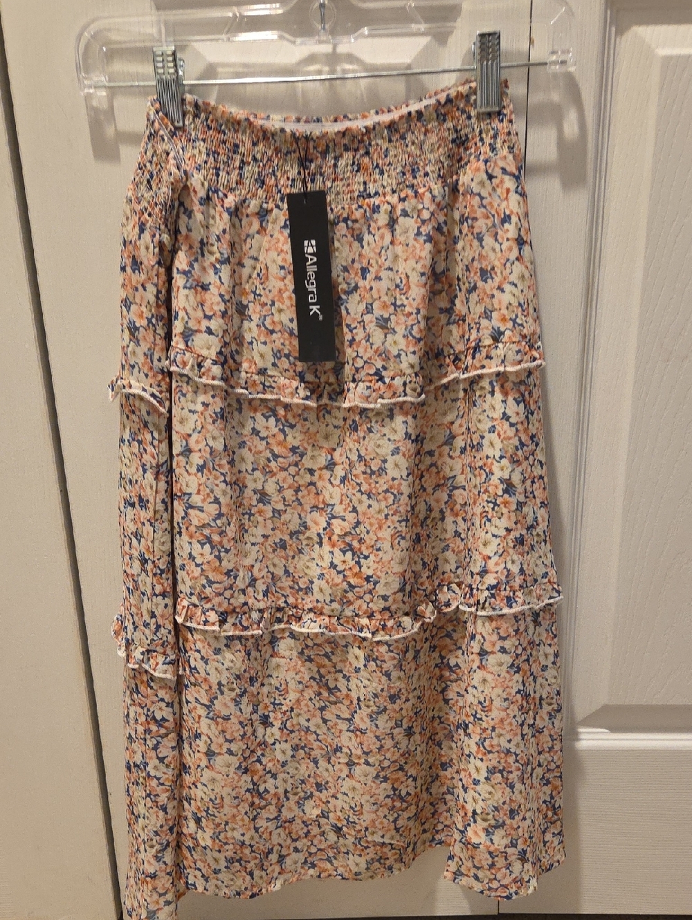 Allegra K Cream Floral Tiered Midi Skirt with Blue and Peach Accents
